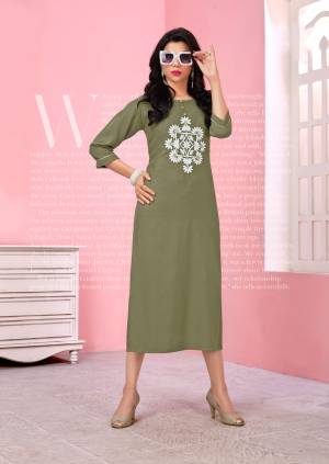 Rich And elegant Looking Readymade Straight Kurti Is Here In Olive Green Color Fabricated On Rayon. This Kurti Is Beautified With Thread Work And It Is Light In Weight And easy To Carry All Day Long. 