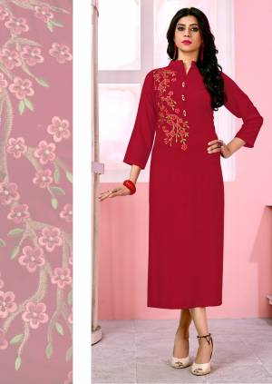 Look Attractive Wearing This Readymade Kurti In Red Color Fabricated On Rayon. This Kurti Is Beautified With Attractive Thread Work Which Will earn You Lots of Compliments From Onlookers. 