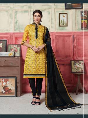 Bold And Rich Color Pallete IS Here With This Dress Material In Yellow colored Top Paired With Black Colored Bottom And Dupatta. Its Top Is Fabricated Jacquard Silk Paired With Santoon Bottom And Banarasi Art Silk Dupatta. Get This Stitched As Per Your Desired Fit And Comfort. 