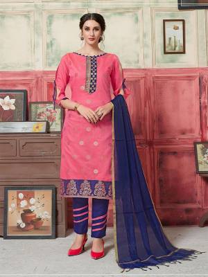 Look Pretty In This Lovely Dress Material In Pink Color Paired With Contrasting Navy Blue Colored Blouse. This top Is Fabricated On Jacquard Silk Paired With Santoon Bottom And Banarasi art Silk Dupatta. Buy Now.
