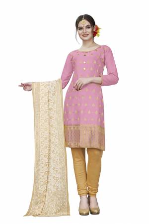 This Festive Season, Adorn A Rich, Simple And Elegant Look With This Dress Material In Pink Colored Top Paired With Beige Colored Bottom And Cream Colored Dupatta. This Dress Material Is Cotton Based Beautified With Jari Embroidered Butti. Get This Stitched As Per Your Desired Fit And Comfort. 
