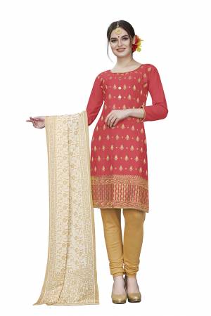 If Those Readymade Suit Does Not Lend You The Desired Comfort Than Grab This Dress Material And Get This Stitched As Per Your Desired Fit And Comfort. Its Top Is In Old Rose Pink Color Paired With Beige Colored Bottom And Dupatta. Buy This Pretty Elegant Cotton Based Dress Material Now.