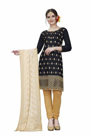If Those Readymade Suit Does Not Lend You The Desired Comfort Than Grab This Dress Material And Get This Stitched As Per Your Desired Fit And Comfort. Its Top Is In Black Color Paired With Beige Colored Bottom And Dupatta. Buy This Pretty Elegant Cotton Based Dress Material Now.
