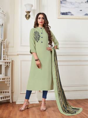 This Season Is About Subtle Shades And Pastel Play, So Grab This Designer Readymade Kurti In Pastel Green Color Paired With Cream And Navy Blue Colored Dupatta. This Kurti Is Rayon Based Paired With Soft Silk Fabricated Dupatta. Buy Now.