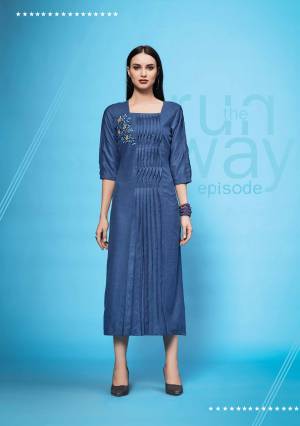 Add This Lovely Readymade Kurti To Your Wardrobe In Blue Color Fabricated On Cotton Slub. This Kurti Is Beautified With Thread Work Butta And Pink Tucks.