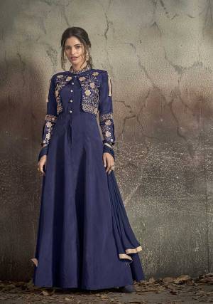 Enhance Your Personality In This Rich and Elegant Looking Designer Readymade Floor Length Suit Is Here In Navy Blue Color. Its Top Is Fabricated On Tafeta Art Silk Paired With Santoon Bottom and Chiffon Fabricated Dupatta. 