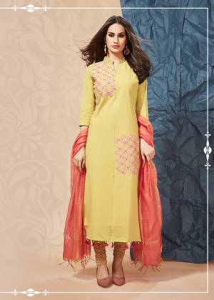 Celebrate This Festive Season With Beauty And Comfort Wearing This Designer Readymade Kurti In Yellow Color Paired With Contrasting Orange Colored Dupatta. Its Top Is Fabricated On Cotton Paired With Banarasi Art Silk Dupatta. Buy This Loevly Set Now.