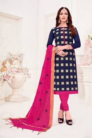 Enhance Your Personality Wearing This Straight Suit In Navy Blue Colored Top Paired With Contrasting Dark Pink Colored Bottom And Dupatta. Its Top IS Fabricated On Jacquard Silk Paired With Cotton Bottom And Cotton Silk Fabricated Dupatta. Get This Dress Material And Get This Stitched As Per Your Desired Fit And Comfort. 