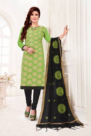 Add Some Casuals, With This Designer Dress Material In Light Green Colored Top Paired With Black Colored Bottom And Dupatta. Its Top Is Fabricated On Jacquard Silk Paired With Cotton Bottom And Cotton Silk Fabricated Dupatta. Its Fabrics Are light Weight And Easy To Carry All Day Long. 