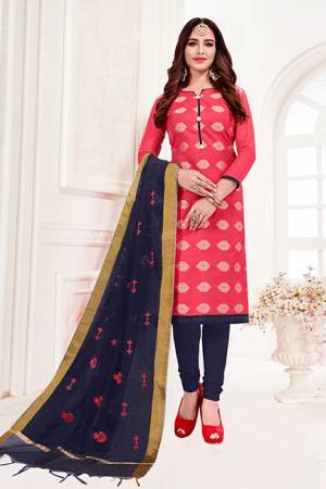 Festive Colors Are Here With This Pretty Dress Material In Dark Pink Colored Top Paired With Contrasting Navy Blue Colored Bottom And Dupatta. Its Top Is Fabricated On Jacquard Silk Paired With Cotton Bottom and Cotton Silk Dupatta. Buy This Suit Now.
