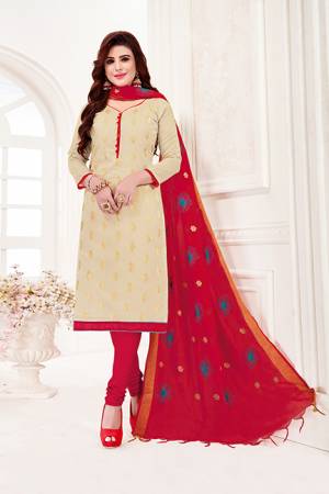 Enhance Your Personality Wearing This Straight Suit In Cream Colored Top Paired With Contrasting Red Colored Bottom And Dupatta. Its Top IS Fabricated On Jacquard Silk Paired With Cotton Bottom And Cotton Silk Fabricated Dupatta. Get This Dress Material And Get This Stitched As Per Your Desired Fit And Comfort. 