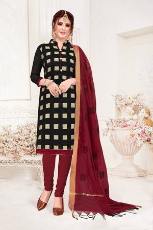 For Your Casual Or Semi-Casual, Grab This Pretty Dress Material In Black Color Paired With Maroon Colored Bottom And dupatta. This Dress Material IS Silk Based Paired With Cotton Bottom And Cotton Silk Dupatta. Get This Stitched As Per Your Desired Fit And Comfort. 