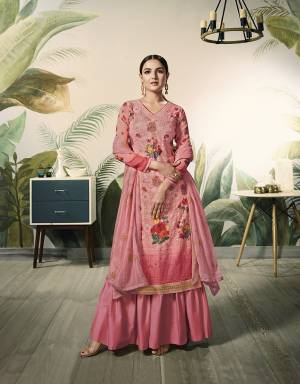 Look Pretty Heavy Embroidered Lakhnavi Suit In All Over Pink Color. Its Top IS Fabricated On Georgette Beautified With Digital Prints And Embroidery Paired With Santoon Bottom And Chiffon Fabricated Dupatta. 