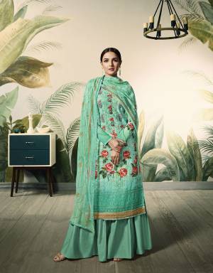 Grab This Very Pretty Designer Lakhnavi Suit In Sea Green. Its Heavy Embroidered Top With Digital Prints Is Fabricated On Georgette Paired With Santoon Bottom And Chiffon Fabricated Dupatta.  Buy Now.