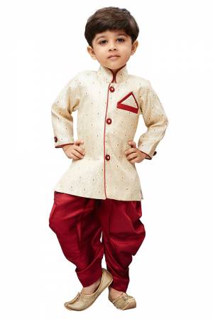 This Festive Season Give Your Child A Cute Traditional Look Wearing This Designer Readymade Sherwani Which Is Cotton Silk Based. Its Fabric Has Rich Feel And Light In Weight, Also It Is Available In All Sizes. Choose As Per The Desired Fit And Comfort. Buy Now.