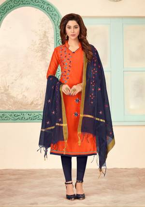 Shine Bright In This Pretty Straight Suit In Orange Colored Top Paired With Contrasting Navy Blue Colored Bottom and Dupatta. Its Top And Bottom are Cotton Based Paired With Chanderi Cotton Fabricated Dupatta. Buy This Dress Material Now.
