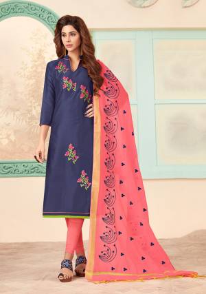 Here Is A Royal Looking Designer Suit With Rich Color Pallet In Navy Blue Colored Top Paired With Contrasting Pink Colored Bottom And Dupatta. Its Top Is Fabricated On Cotton Slub Paired with Cotton Bottom And Chanderi Cotton Fabricated Dupatta. Its Top And Dupatta are Beautified With Thread Work.