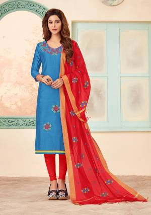 Shine Bright In This Pretty Straight Suit In Blue Colored Top Paired With Contrasting Red Colored Bottom and Dupatta. Its Top And Bottom are Cotton Based Paired With Chanderi Cotton Fabricated Dupatta. Buy This Dress Material Now.