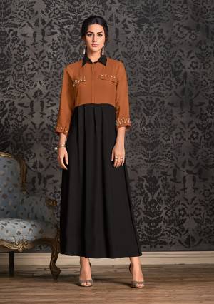 For A Pretty Formal Look, Grab This Designer Readymade Kurti In Black And Brown Color Fabricated On Rayon. It Is Light In Weight And Available In All Sizes, Choose As Per Your Desired Fit And Comfort. 