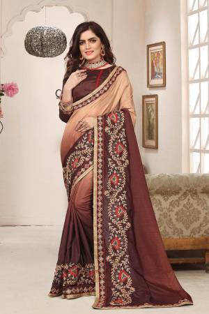 Shaded Saree Can Never Go Out Of Style, So Grab This Very Beautiful Shaded Saree In Beige And Brown Color Paired With Brown Colored Blouse. This Saree Is Fabricated On Soft Silk Paired With Art Silk Fabricated Blouse. It Is Beautified With Attractive Contrasting Embroidery Giving It A More Attractive Look. Buy Now.