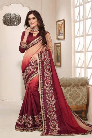 Shaded Saree Can Never Go Out Of Style, So Grab This Very Beautiful Shaded Saree In Peach And Maroon Color Paired With Maroon Colored Blouse. This Saree Is Fabricated On Soft Silk Paired With Art Silk Fabricated Blouse. It Is Beautified With Attractive Contrasting Embroidery Giving It A More Attractive Look. Buy Now.