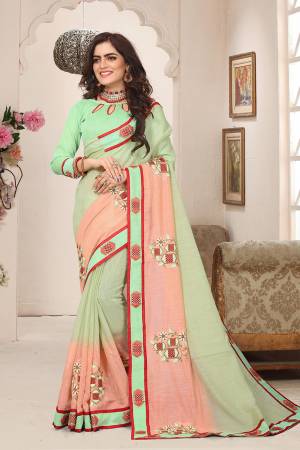 Look Pretty In This Designer Light Weight And Comfortable Saree In Pastel Green Color. This Pretty Saree IS Fabricated On Cotton Silk Beautified With Contrasting Embroidery, Paired With Art Silk Fabricated Blouse. This Saree IS Suitable For Festive Wear Or Wedding Functions. Buy This Saree Now.