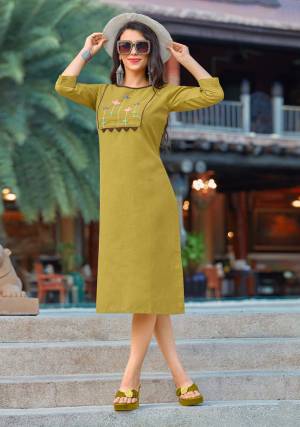 New And Unique Shade Is Here With This Designer Readymade Kurti In Pear Green Fabricated On Cotton Beautified With Multi Colored Thread Work. Buy This Kurti Now.