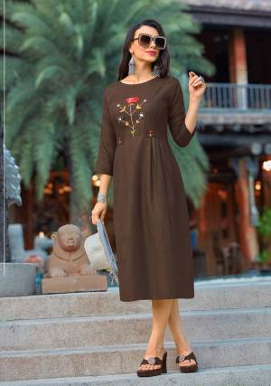 Enhace Your Personality Wearing This Designer Readymade Kurti In Brown Color Fabricated Cotton Which IS Light Weight, Durable And Easy To Carry All Day Long.  Buy Now.