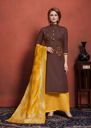 Enhance Your Personality In this Elegant Color Pallete In Brown Colored Top Paired With Contrasting Yellow Colored Bottom And Dupatta. Get This Cotton Based Dress material Stitched As Per Your Desired Fit And Comfort. Buy Now.