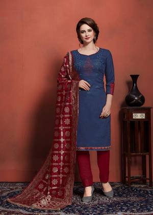 Celebrate This Festive With Beauty And Comfort And Also With Colors Wearing This Designer Straight Suit In Navy Blue Colored Top Paired With Contrasting Maroon Colored Bottom And Dupatta. Its Embroidered Top Is Fabricated On Cotton Slub Paired With Cotton Bottom And Banarasi Art Silk Fabricated Dupatta. 
