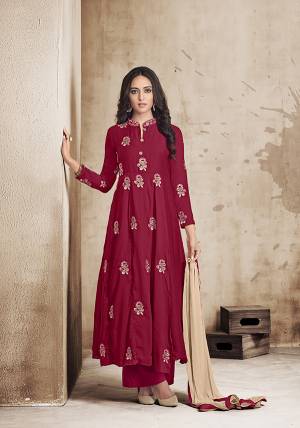 Celebrate This Festive Season With Beauty And Comfort Wearing This New Patterned Readymade Designer Suit In Maroon Colored Top And Plazzo Paired With Beige Colored Dupatta. Its Top And Bottom Are Fabricated On Muslin Paired With Chiffon Fabricated Dupatta. Its Fabrics Are Light Weight And Easy To Carry All Day Long. 