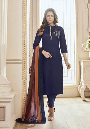 Enhance Your Personality Wearing This Designer Suit In Navy Blue Colored Top And Bottom Paired With Multi Colored Dupatta. Its Readymade Top Is Fabricated On Cotton Beautified With Hand Work Paired With Unstitched Bottom And Muslin Fabricated Printed Dupatta.  
