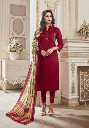 Add This Very Beautiful Designer Straight Suit To Your Wardrobe With Fully Stitched Top And Unstitched Bottom. This Pretty Cotton Based Suit Is In Maroon Color Paired With Cream Colored Muslin Fabricated Dupatta. Buy This Now.