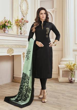 For A Bold And Beautiful Look, Grab This Designer Straight Suit In Black Color Paired With Pastel Green Colored Dupatta. Its Top And Bottom Are Cotton Based Paired With Muslin Fabricated Dupatta. It Has Fully Stitched Top And Unstitched Bottom. 