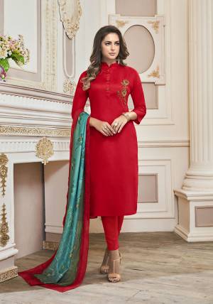 Enhance Your Personality Wearing This Designer Suit In Red Colored Top And Bottom Paired With Sea Green Colored Dupatta. Its Readymade Top Is Fabricated On Cotton Beautified With Hand Work Paired With Unstitched Bottom And Muslin Fabricated Printed Dupatta.  