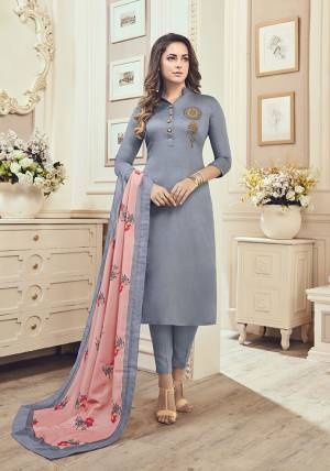 Enhnace Your Personality Wearing This Designer Straight Suit In Grey Color Paired With Contrasting Pink Colored Dupatta. Its Readymade Top Is Fabricated On Cotton Paired With Unstitched Cotton Based Bottom And Muslin Fabricated Printed Dupatta. All Its Fabric Ensres Superb Comfort All Day Long. 