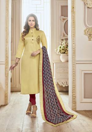Bright And Visually Appealing Color Is Here With This Designer Straight Siut In Yellow Color Paired With Maroon Colored Bottom And Dupatta. This Readymade Top Is Fabricated On Cotton Paired With Unstitched Bottom And Muslin Fabricated Dupatta. 