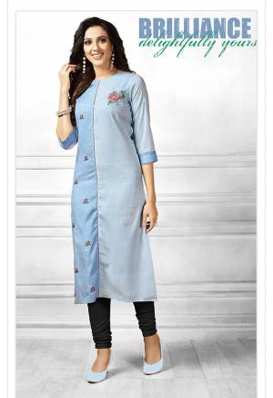 For Casuals Or Semi-Casual Wear, Grab This Designer Readymade Straight Kurti In Shades Of Blue Fabricated On Cotton. It Is Beautified With Contrasting Floral Thread Work Giving It A More Pretty Look. Buy Now.