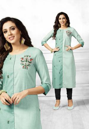 For Casuals Or Semi-Casual Wear, Grab This Designer Readymade Straight Kurti In Shades Of Sea Green Fabricated On Cotton. It Is Beautified With Contrasting Floral Thread Work Giving It A More Pretty Look. Buy Now.