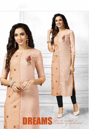 Be It Your College, Home Or Work Place This Kurti Is Suitable For All. Grab This Readymade Straight Kurti In Shades Of Peach Fabricated On Cotton. It Is Beautified With Multi Colored Thread Work Buttis. Its Fabric Is Light Weight And Easy To Carry All Day Long. Buy This Pretty Piece Now.