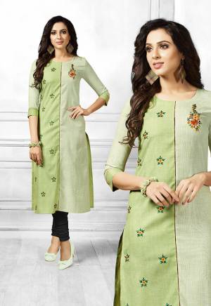 For Casuals Or Semi-Casual Wear, Grab This Designer Readymade Straight Kurti In Shades Of Green Fabricated On Cotton. It Is Beautified With Contrasting Floral Thread Work Giving It A More Pretty Look. Buy Now.