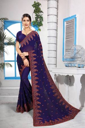 Grab This Very Beautiful Heavy Kashmiri Work Designer Saree In Royal Blue Color. This Saree And Blouse are Fabricated On Georgette Beautified With Heavy Kashmiri Embroidery With Resham And Stone. Buy Now.