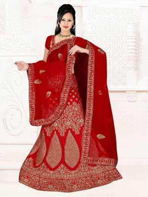 Get Ready For Your D-Day With This Very Beautiful And Evergreen Color For A Bridal Wear With This Designer Lehenga Choli In Red Color. This Heavy Embroidered Lehenga Choli Is Satin Silk Based Paired With Net Fabricated Dupatta. Its Lovely Bright Color And Heavy Embroidery Will Add Pretty Glam Look.