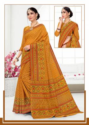 For Your Casual Or Semi-Casual Wear, Grab This Pretty Simple Printed Saree In Musturd Yellow Color. This Saree And Blouse are Fabricated On Cotton Which Is Durable And Easy To Care For. 