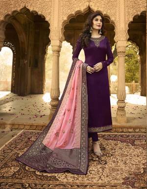 Here Is A Very Pretty Girly Color Pallete With This Designer Straight Cut Suit In Purple Colored Top And Bottom Paired With Contrasting Pink Colored Dupatta. Its Top Is Satin Georgette Based Paired With Santoon Bottom And Georgette & Jacquard Silk Dupatta. 