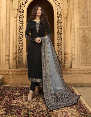 For A Bold And Beautiful Look, Grab This Heavy Designer Straight Cut Suit In Black Color Paired With Grey Colored Dupatta. Its Top Is Fabricated On Satin Georgette Paired With Santoon Bottom And Georgette Dupatta Which Has Attractive Jacquard Silk Borders. 