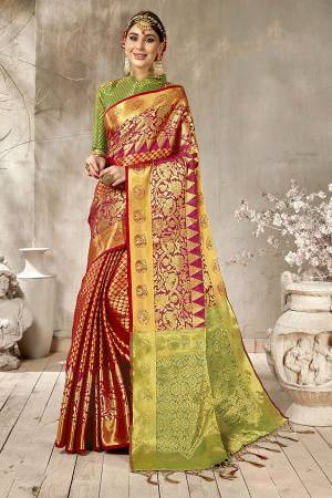Celebrate This Festive Season Wearing This Rich And Elegant Looking Heavy Woven Saree In Golden Highlight. This Saree And Blouse are Fabricated On Art Silk Beautified With heavy Weave All Over. Buy Now.