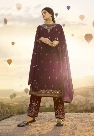 For A Royal Look, Grab This Heavy Designer Straight Suit In Maroon Color. This Pretty Suit Is Fabricated On Satin Georgette Paired With Embroidered Santoon Bottom And Georgette Dupatta. All Its Fabrics Ensures Superb Comfort All Day Long. 