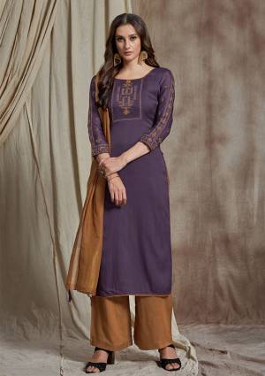 New And Unique Combination Is Here With This Designer Straight Suit In Purple Colored Embroidered Top Paired With Beige Colored Bottom and Dupatta. Its Top Is Fabricated On Soft Silk Paired With Satin Bottom And Banarasi Art Silk Dupatta. Buy Now.