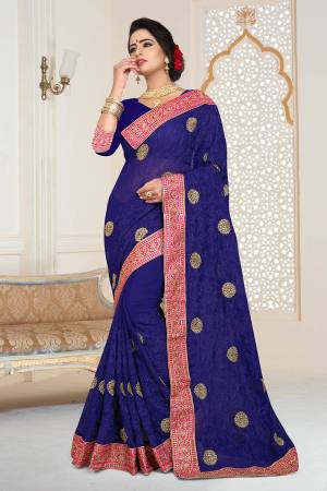Grab This Beautiful Heavy Designer Saree In Royal Blue Color Paired With Royal Blue Colored Blouse. This Saree And Blouse are Fabricated On Georgette Beautified With Jari And Tone To Tone Resham Embroidery With Stone Work.  Buy This Saree Now. 